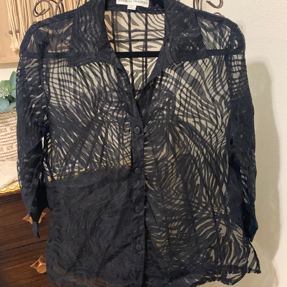 Bamboo Traders Sheer Black Zebra Print Button Down Shirt Size Medium